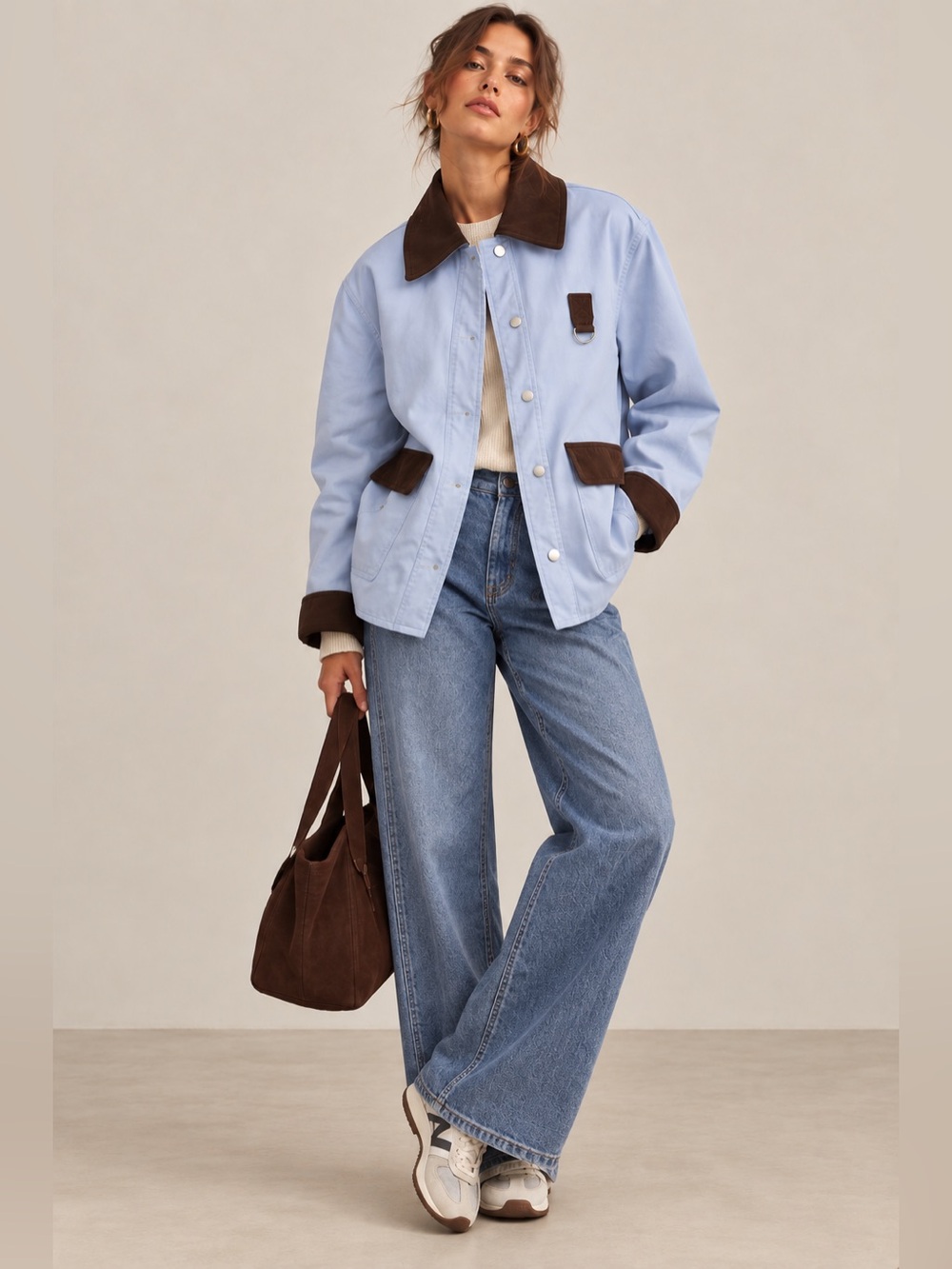 New Avec Les Filles Sz Lg Blue & Brown Chore Barn Jacket